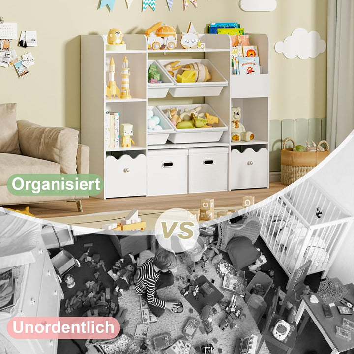 HOMMPA Holz Kinder Bücherregal Kinderregal mit 4 Boxen und Schubladen kommode Kinderzimmer Regal Wei