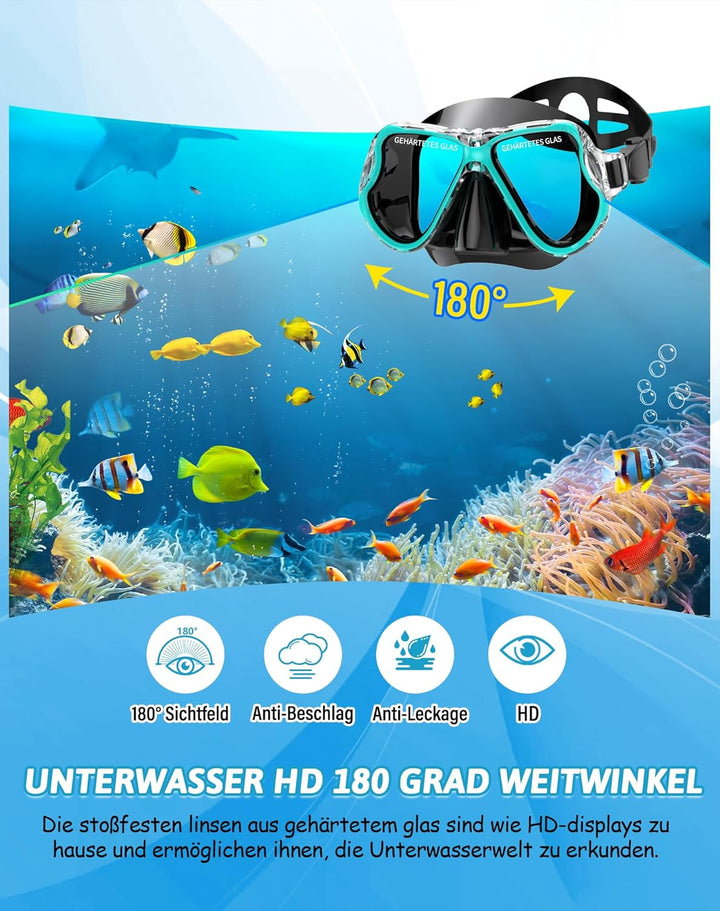 QcoQce Schnorchelset Erwachsene, Anti-Leck Anti-Fog und Panorama-Weitblick Tauchmaske,Professionelle