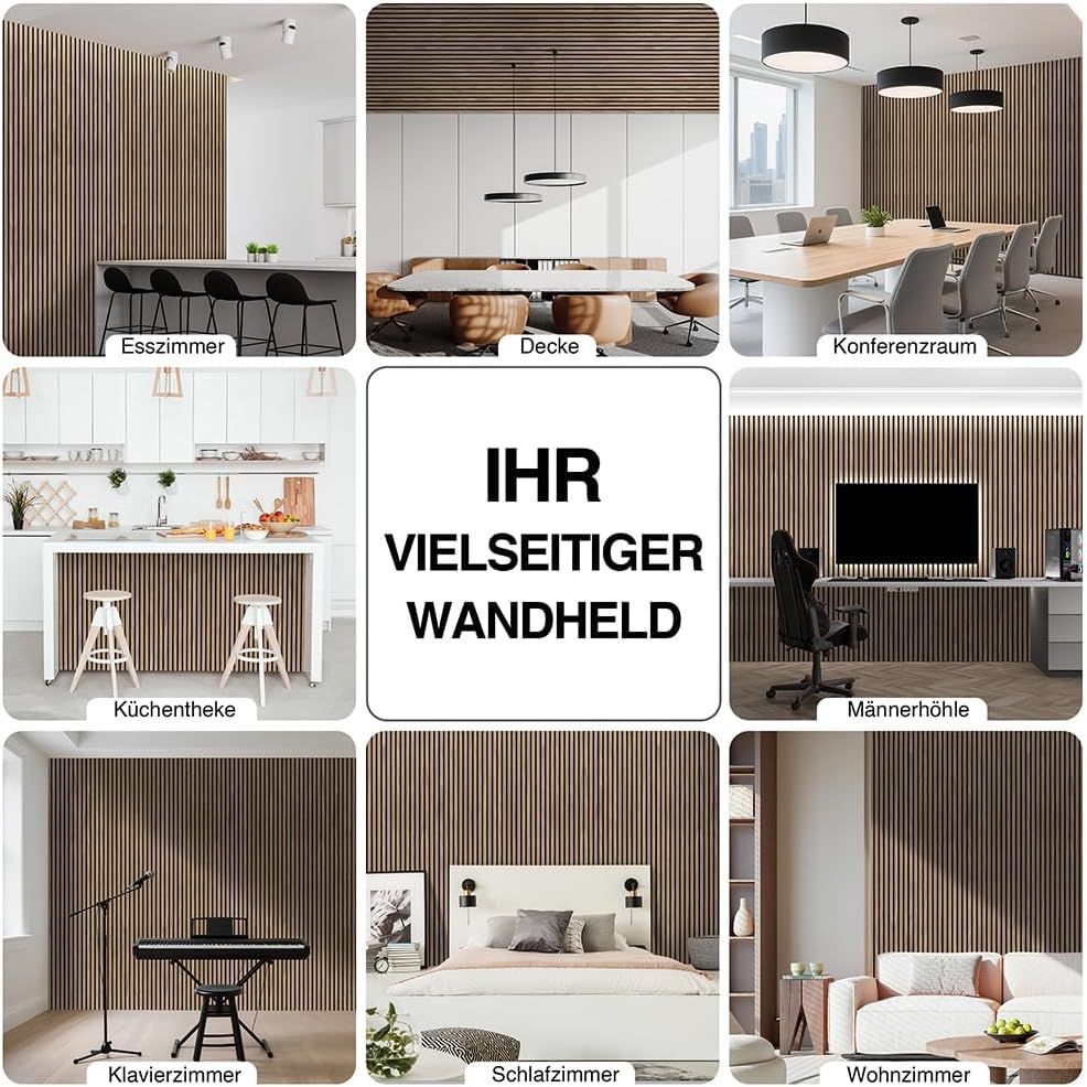 Akustikpaneele Holz 120x60cm-2er Set(1,44m²) 3D Wandpaneele mit Holzfurnier & Filz, Akustik Holzpane