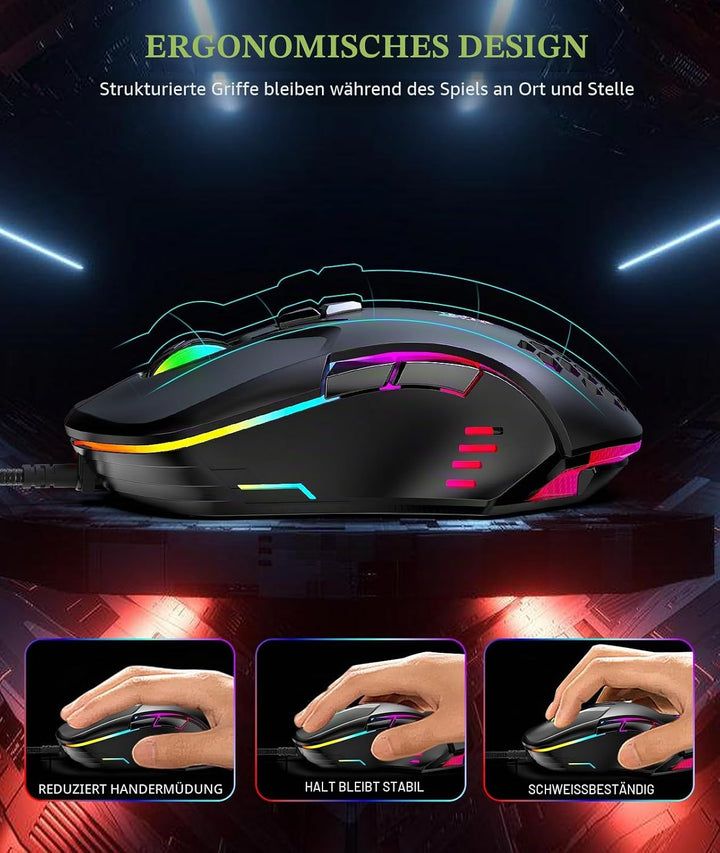 ONIKUMA GAMING Kabelgebundene Gaming-Maus mit 7 Farben LED-Hintergrundbeleuchtung, Computer-Maus für