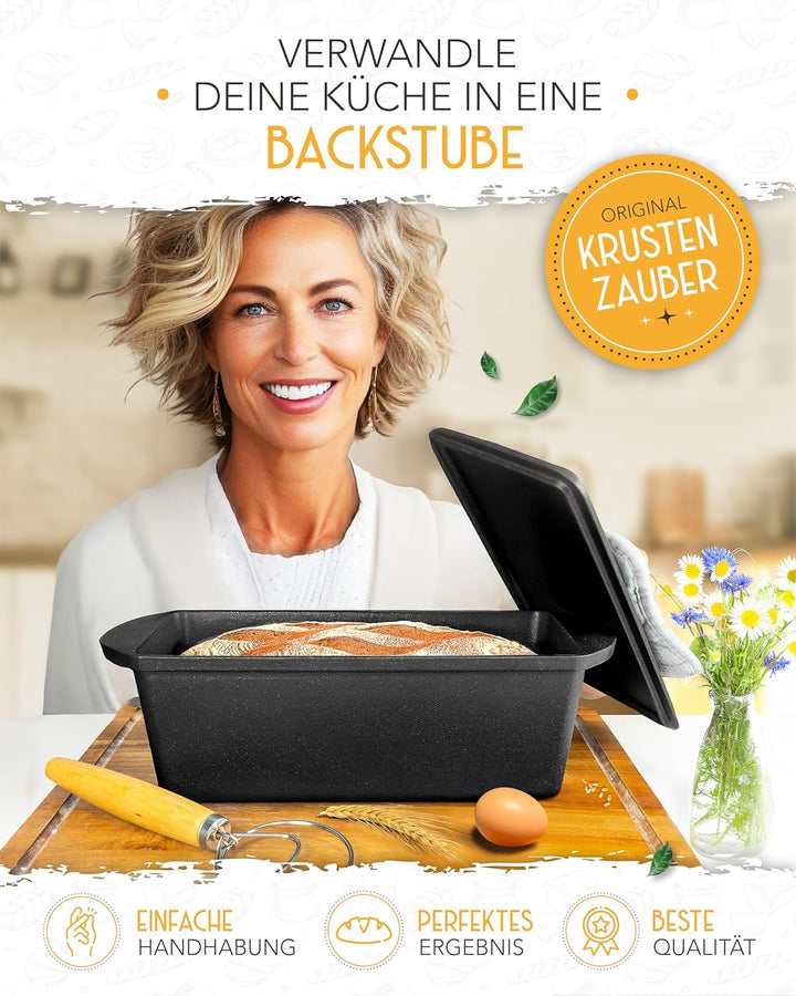 KRUSTENZAUBER Gusseisen Brotbackform mit Deckel - Robuste rechteckige 28cm Backform - Ideal als Kast