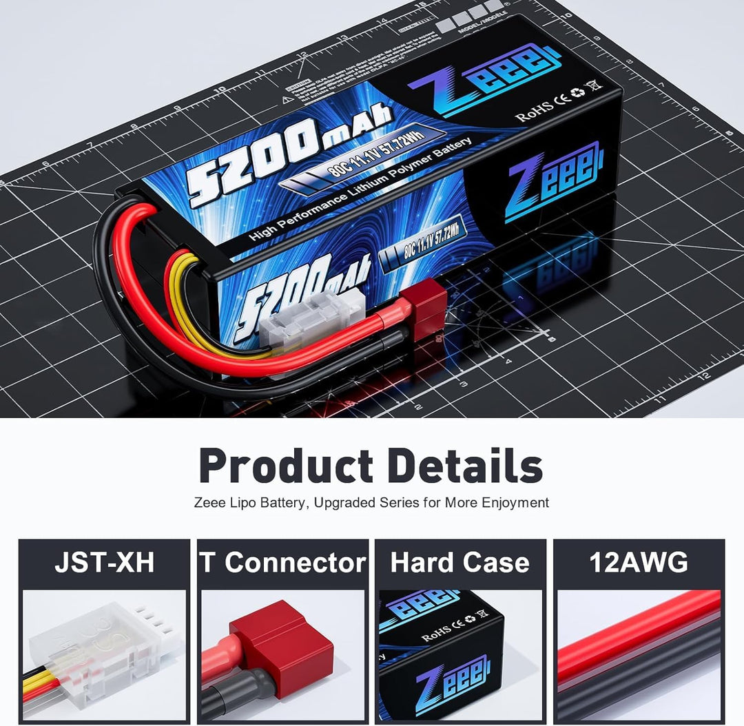 Zeee 3S LiPo Akku 11,1V 80C 5200mAh Hardcase Batterie mit T Stecker für RC Auto, RC Flugzeug, RC Hub