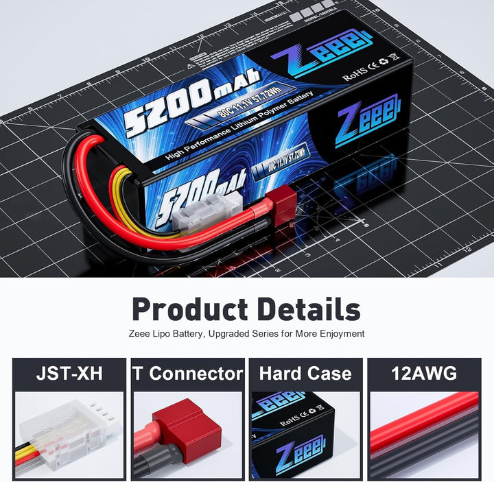 Zeee 3S LiPo Akku 11,1V 80C 5200mAh Hardcase Batterie mit T Stecker für RC Auto, RC Flugzeug, RC Hub