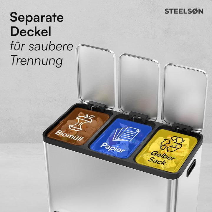 STEELSØN Epsilon Mülleimer 3 Fächer – Mülltrennsystem Küche 3x15L aus Edelstahl Silber – Tretmülleim
