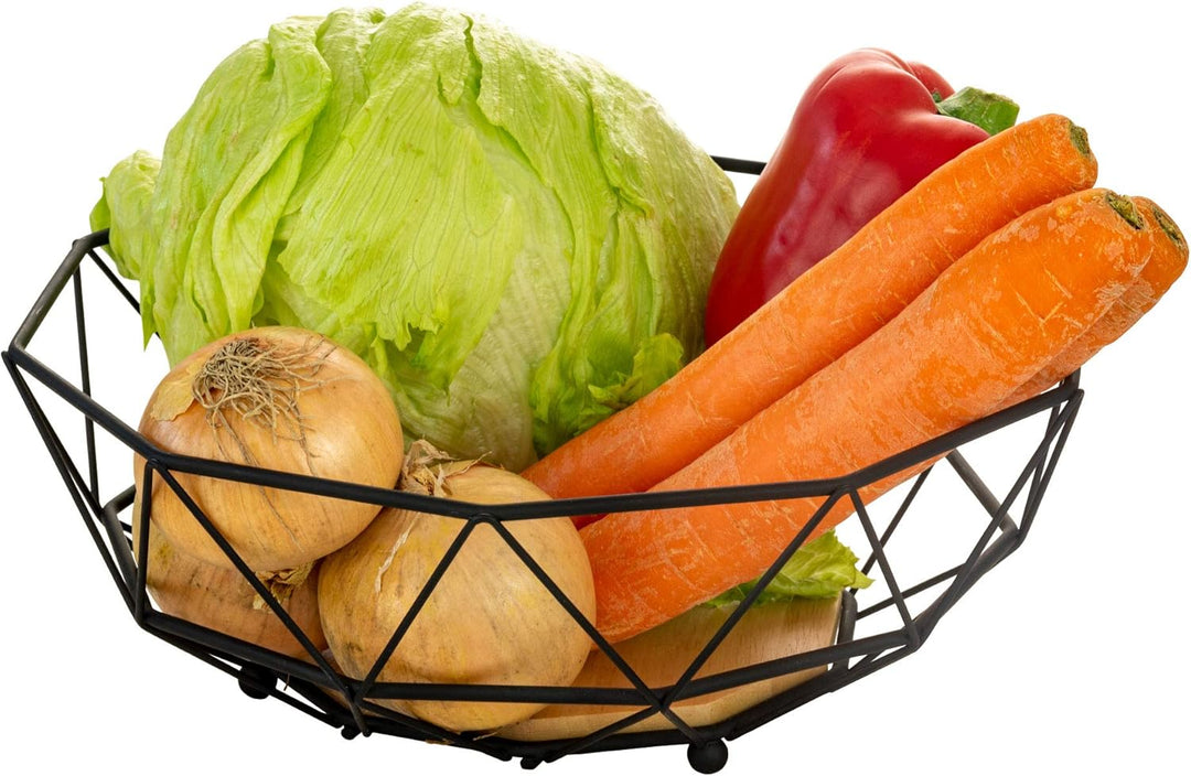 Rubberneck Obstkorb mit Holzboden aus Metall in Schwarz - Moderne Obstschale mit Holz Einsatz für Kü