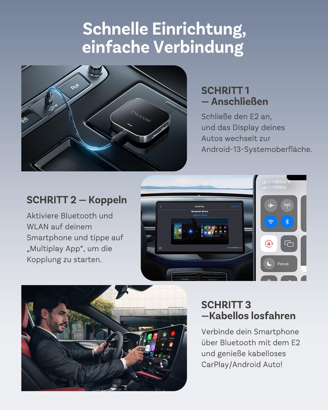 OTTOCAST E2 AI Box, 2026 Upgrade 3-in-1 Wireless CarPlay & Android Auto Adapter, Android 13 Car Mult