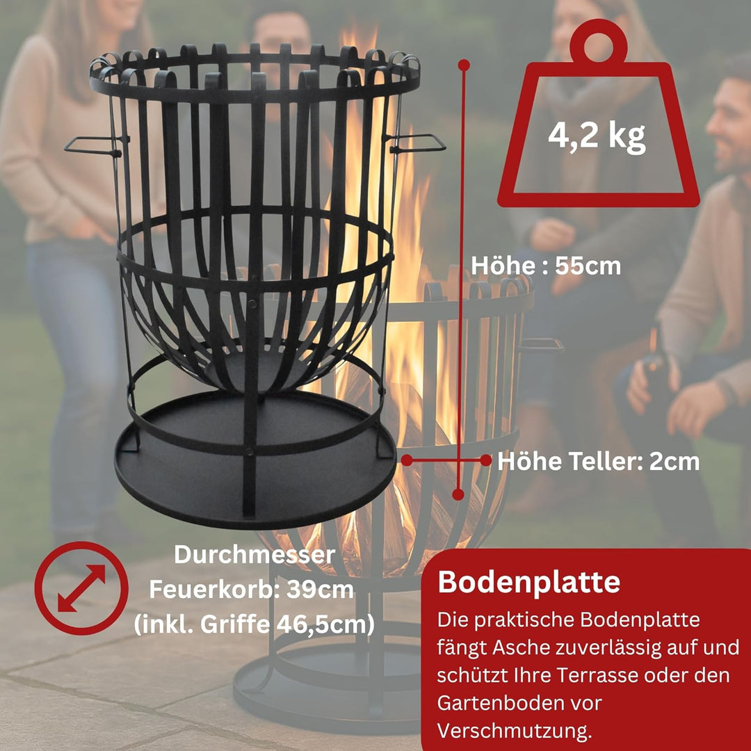 Robuster Feuerkorb Feuerstelle Eisen 55x40 cm Feuerschale mit Bodenplatte Ideal für Lagerfeuer, Gart