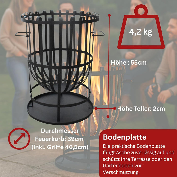 Robuster Feuerkorb Feuerstelle Eisen 55x40 cm Feuerschale mit Bodenplatte Ideal für Lagerfeuer, Gart