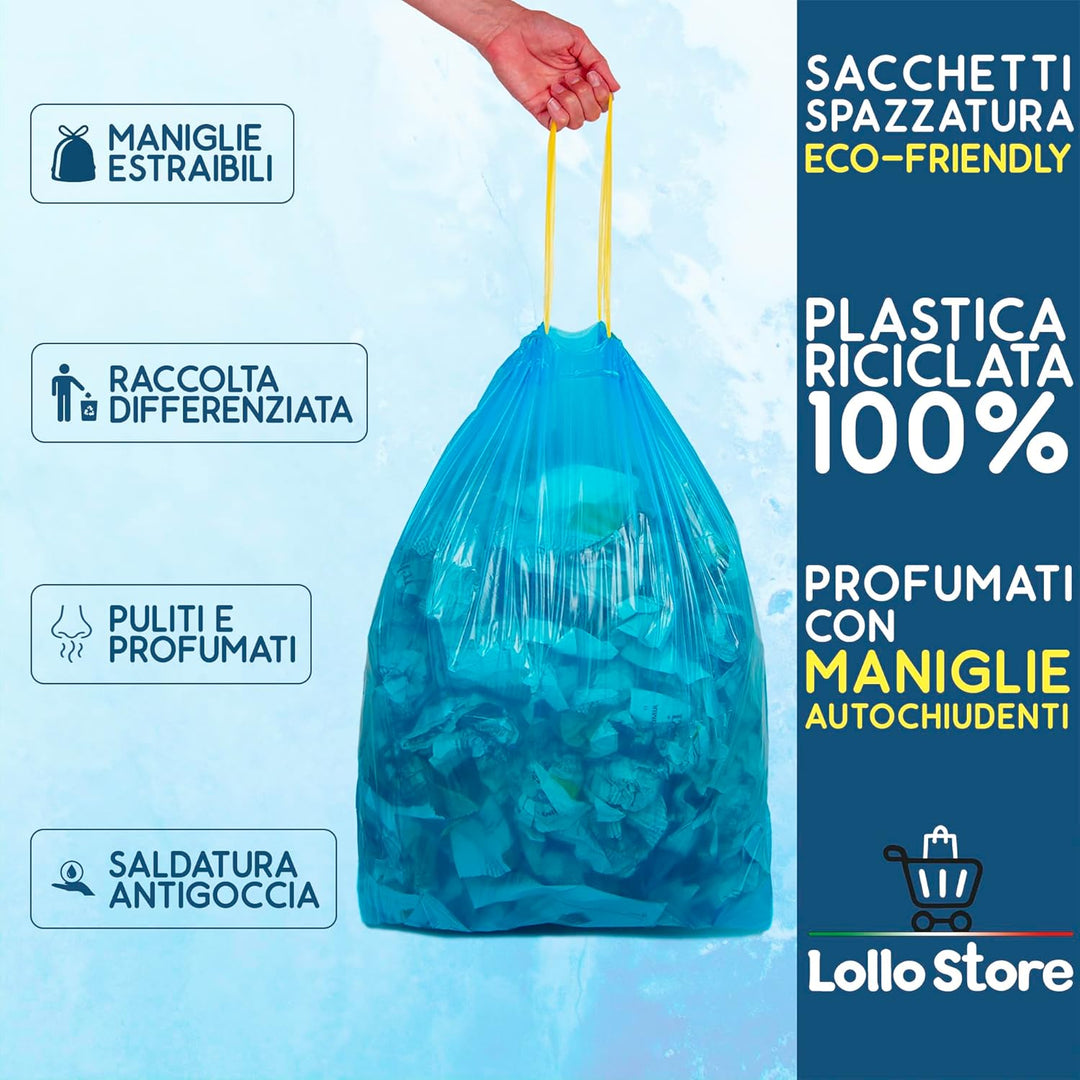 60 Müllbeutel, 55 x 65 cm, blau, Talkumduft, 40 Liter, geruchshemmend, mit Zieh- und Schliessgriffen
