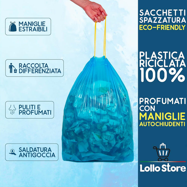 60 Müllbeutel, 55 x 65 cm, blau, Talkumduft, 40 Liter, geruchshemmend, mit Zieh- und Schliessgriffen