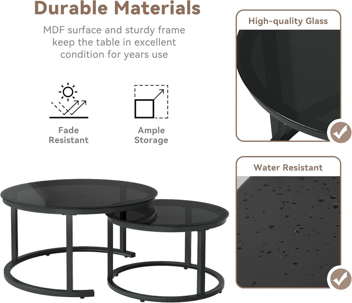 Hawthyhome 2 Stücke Beistelltisch Set rund, Couchtisch aus Glas mit Metallrahmen,Moderne Kaffeetisch