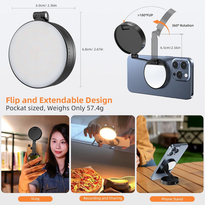 Magnetische Selfie-Licht, Handy-Licht kompatibel, 5 Level 2500K-6500K, CRI 95+, 360° LED Selfie Ring