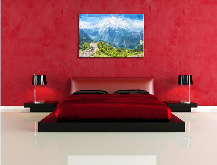 Pixxprint Blick vom Berg über dem Königssee in Bayern Kunst Pinsel Effekt, Format: 100x70 auf Leinwa