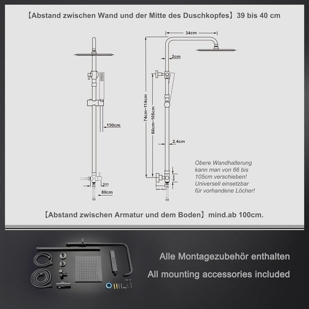 Görbach Edelstahl Duschset ohne Armatur, Regendusche Duschsystem mit Duschkopf, Duschstange, Duschsc