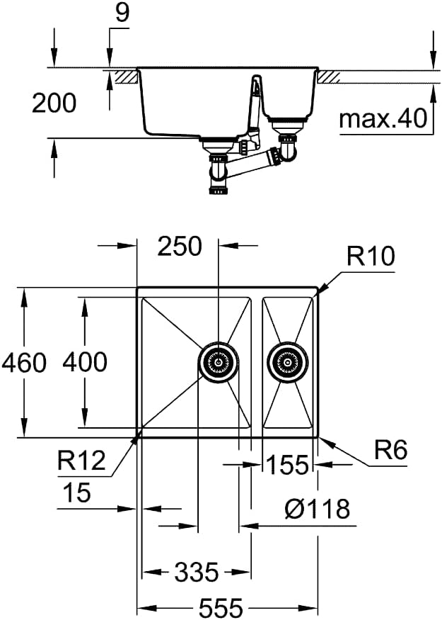 GROHE 31648AP0 K500, Kompositspüle, 66 x 54,5 x 29 cm, granit schwarz K500 Granit Schwarz 55,5 x 46