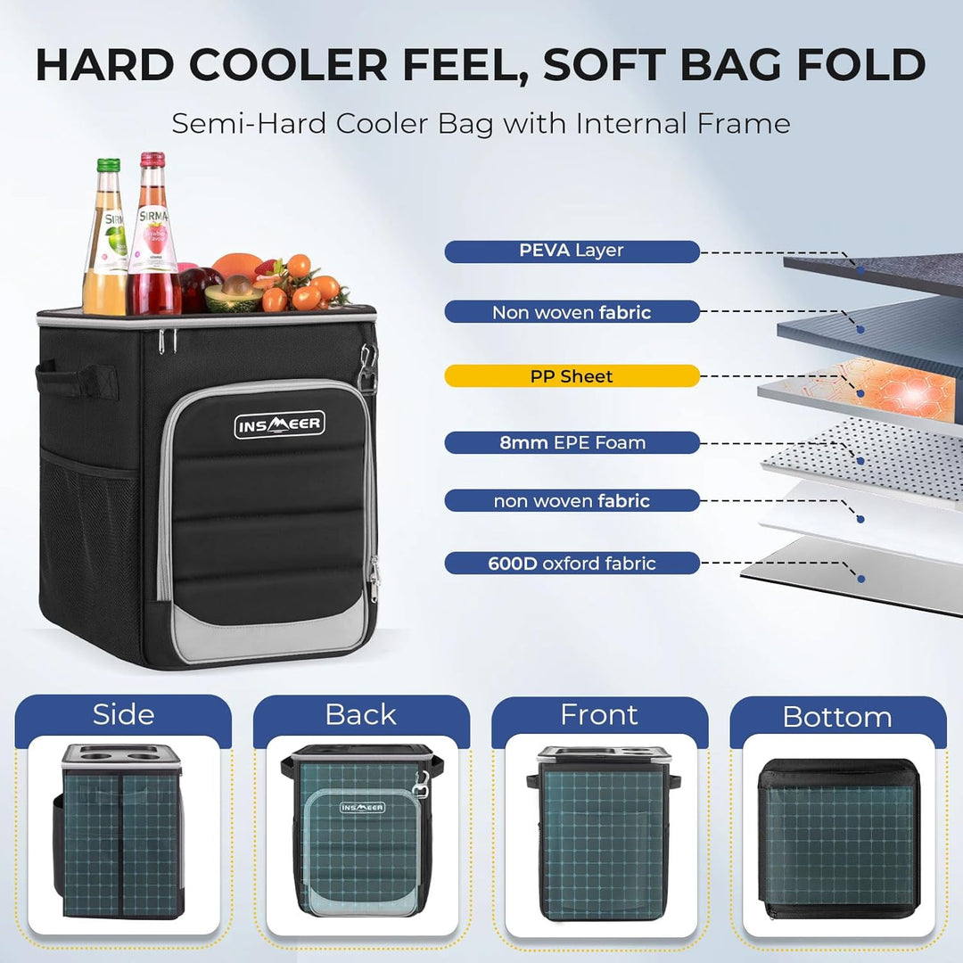 INSMEER 2-in-1 40L Isolierte Kühltasche mit Rollen &amp; Hartschalenoberseite Schwarz, Schwarz