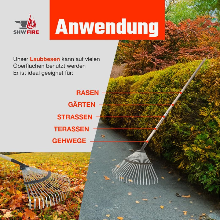SHW-FIRE Profi Laubbesen verzinkt - Breiter, fest montierter Besen mit 22 Zinken und ergonomischem S