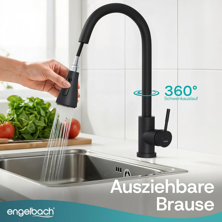 Engelbach® Wasserhahn Küche Schwarz - ausziehbar & 360 Grad schwenkbar für maximale Reichweite - 304