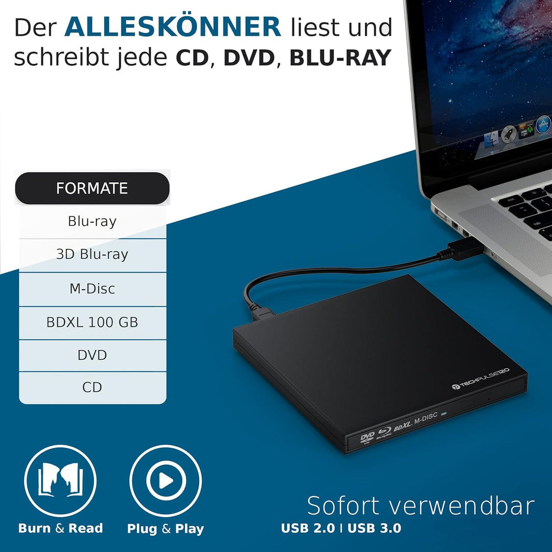 techPulse120 USB 3.0 3D Externer Blu-Ray Brenner Burner M-Disc BDXL Superdrive Blueray Rom Laufwerk