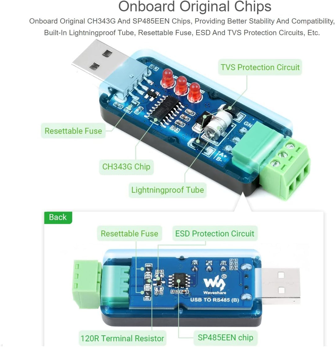 Waveshare Industrial USB to RS485 Converter with original CH343G and SP485EEN 300bps ~ 3Mbps Baudrat