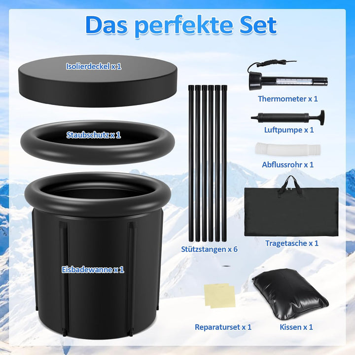 Eisbad Eisbaden Tonne 80 cm, Faltbare Badewanne 390L mit Abdeckung, Eistonne für Zuhause, Kältethera
