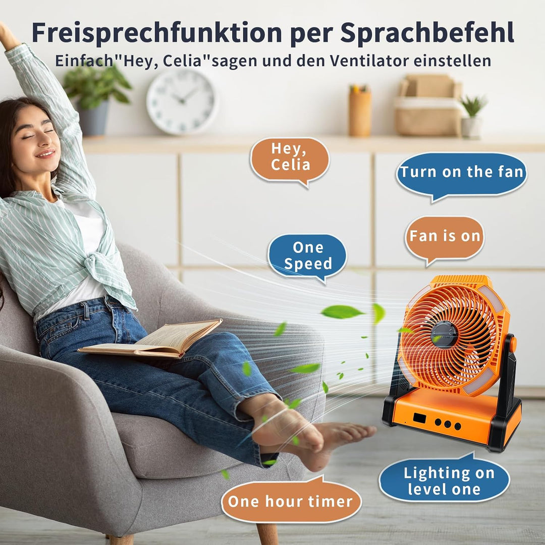 Kempinkový ventilátor 2026, stolní ventilátor s háčkem, otočení o 270°,Mit Sprachsteuerungsventilato