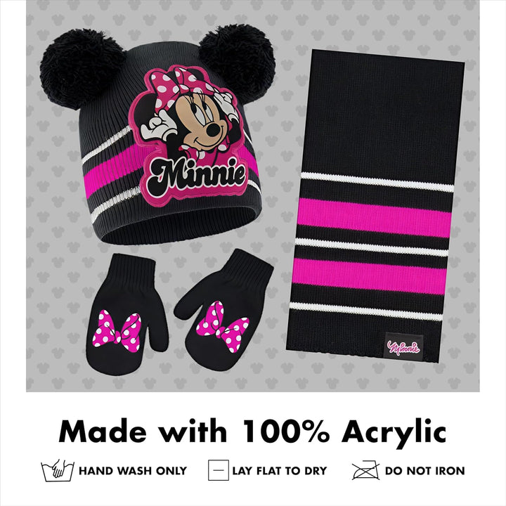 Disney Girls Winter Hat, Minnie Mouse Kids Beanie, Gloves and Scarf Set, Black Mittens-Age 2-4