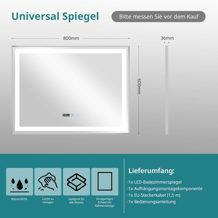 YU YUSING Badspiegel mit Beleuchtung 80x60cm Badezimmerspiegel mit Beschlagfrei 3 Lichtfarbe Dimmbar