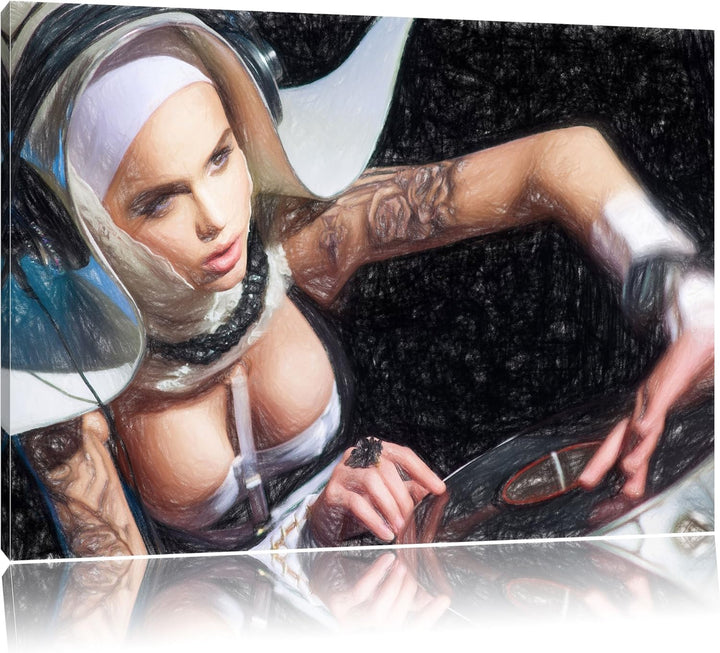 Pixxprint Tätowierte DJ Frau als Leinwandbild/Grösse: 100x70 cm/Wandbild/Kunstdruck/fertig bespannt,
