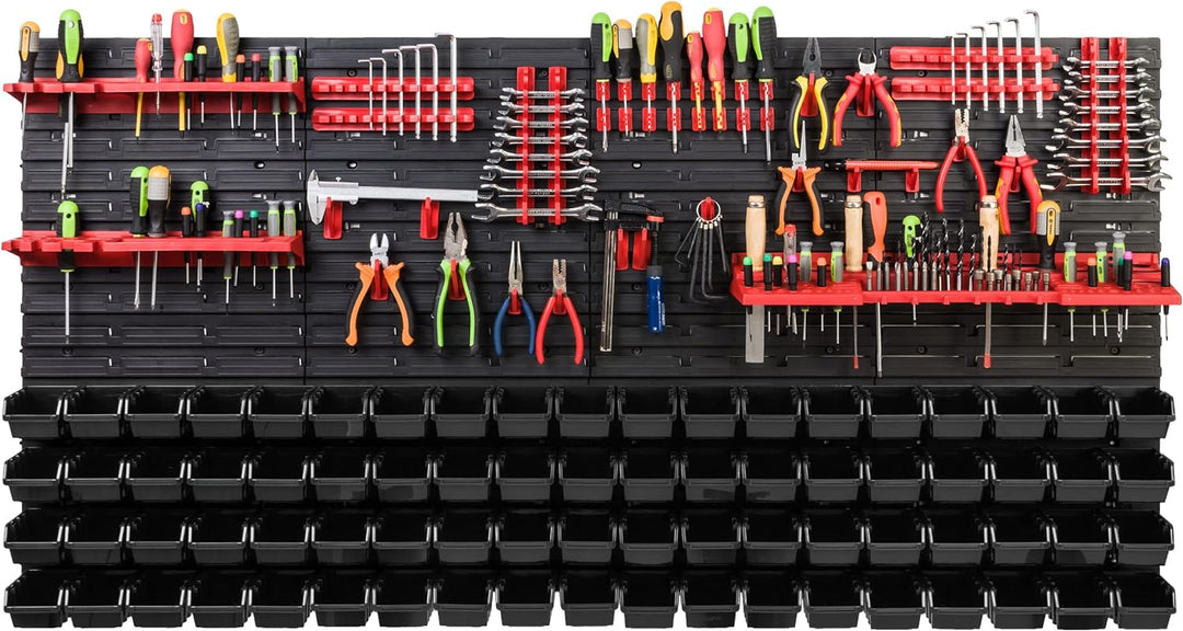 Lagersystem Werkstattregal | 156 x 78 cm | 76 stck. Box | Wandregal mit Werkzeughalterungen und Stap
