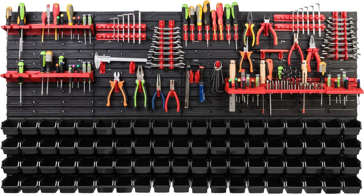 Lagersystem Werkstattregal | 156 x 78 cm | 76 stck. Box | Wandregal mit Werkzeughalterungen und Stap