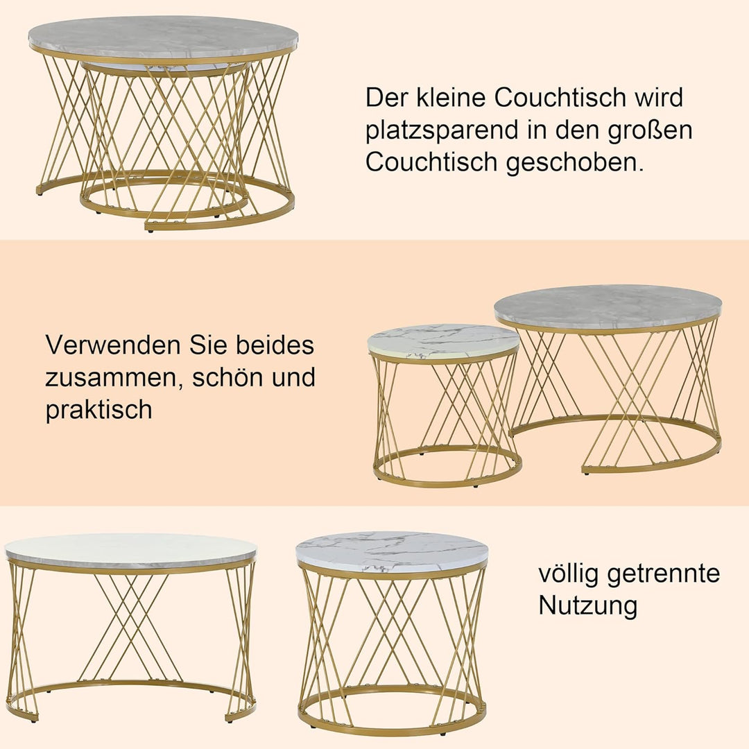 Merax Rund Couchtisch Set, 2-in-1 Nesting Couchtisch Satztisch Modern Wohnzimmertisch, Marmor Furnie