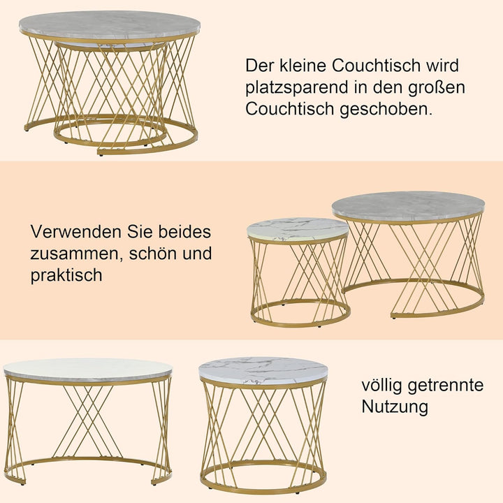 Merax Rund Couchtisch Set, 2-in-1 Nesting Couchtisch Satztisch Modern Wohnzimmertisch, Marmor Furnie