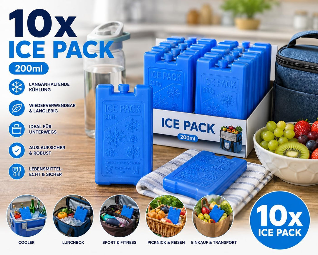 10x Kühlakkus 200 ml – Wiederverwendbare Kühlpacks für Kühlbox, Kühltasche & Lunchbox – Auslaufsiche