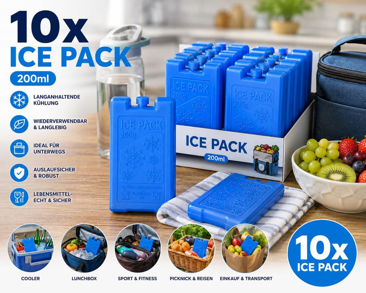 10x Kühlakkus 200 ml – Wiederverwendbare Kühlpacks für Kühlbox, Kühltasche & Lunchbox – Auslaufsiche
