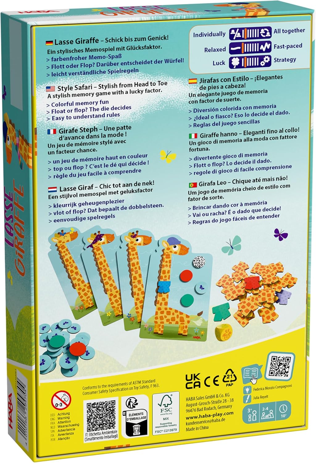 HABA Lasse Giraffe – Farbenfrohes Memo- &amp; Würfelspiel für Kinder ab 3 Jahren – Lustiges Sammelspiel