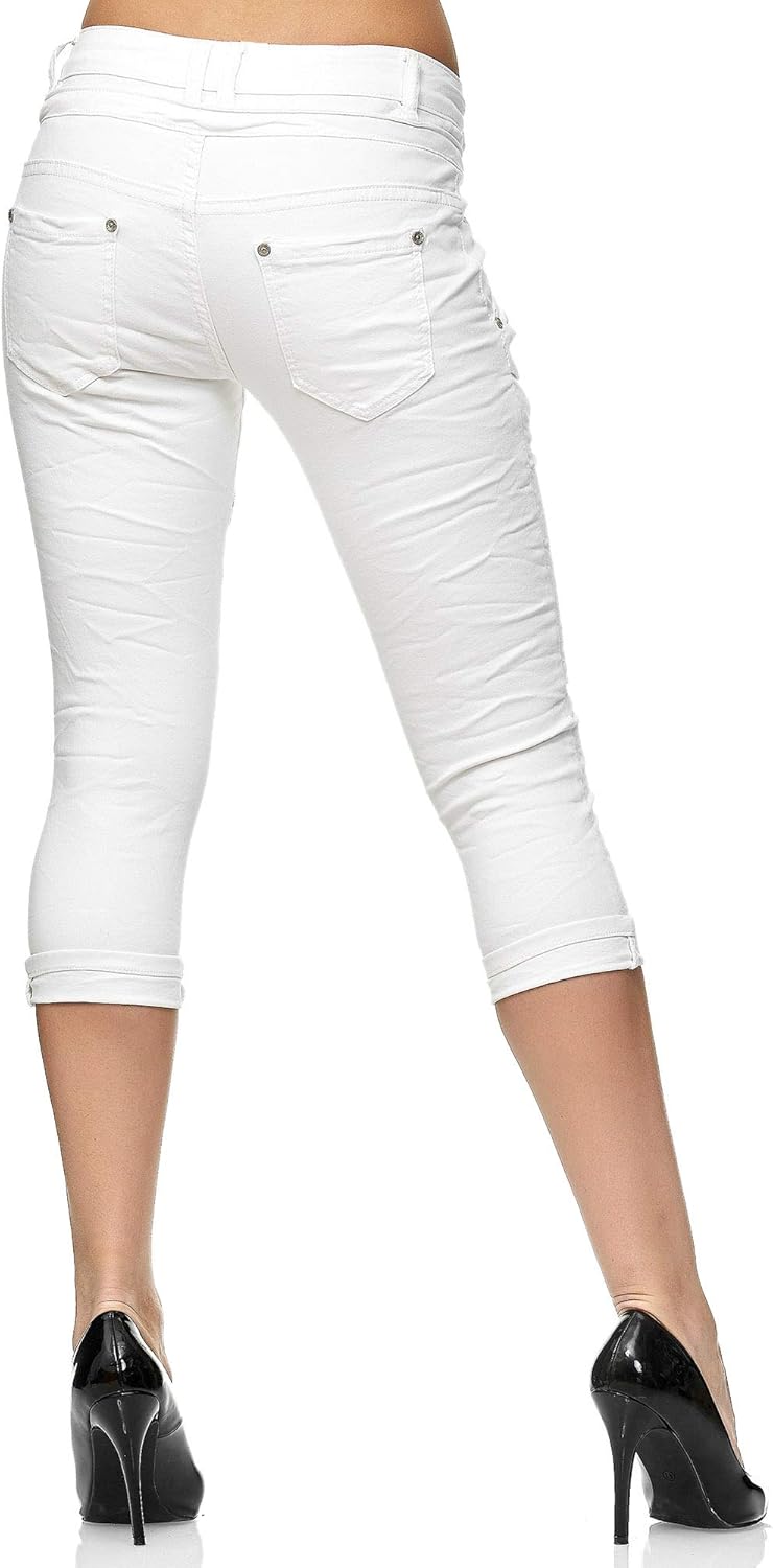 Elara Damen 3/4 Jeans Slim High Waist Capri Hose Chunkyrayan 36 Slim Weiss, 36 Slim Weiß
