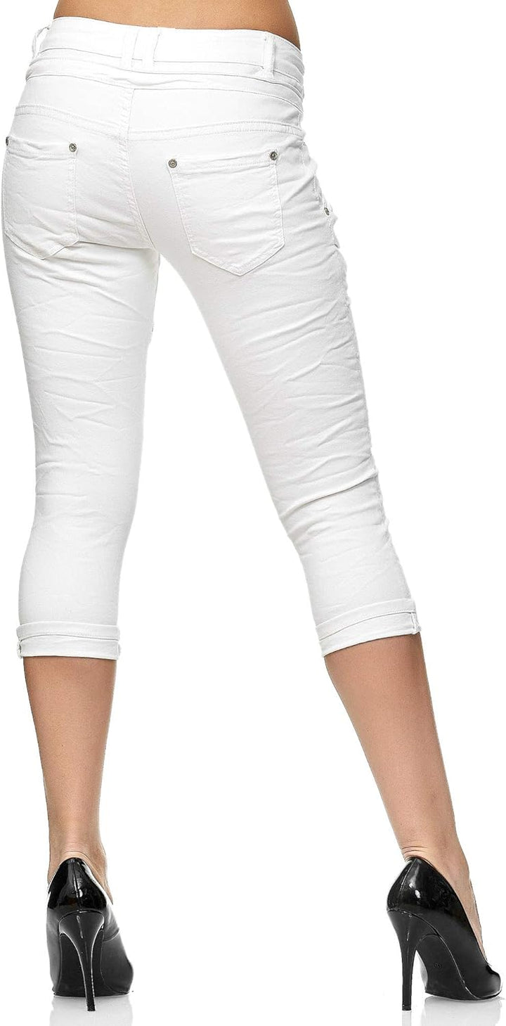Elara Damen 3/4 Jeans Slim High Waist Capri Hose Chunkyrayan 36 Slim Weiss, 36 Slim Weiß