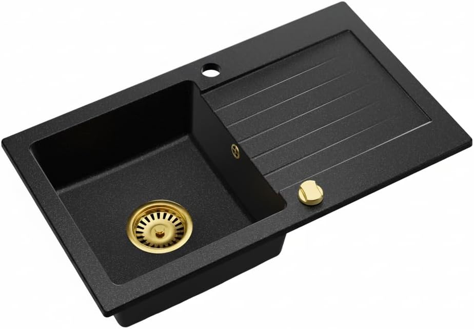 Granitspüle 76x44 Küchenspüle Gold Granit Spülbecken f. Unterschränke ab 45 cm inkl.Siphon Set (Mit
