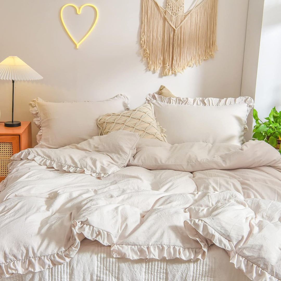 Freyamy Bettwäsche 155x220cm 2teilig Beige Rüschen Romantisch Mädchen Bettwäsche Uni Plisseefalten C