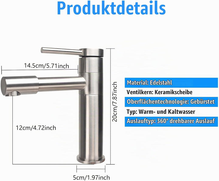 Wasserhahn Bad 360° Drehbar Waschtischarmatur Edelstahl Silber | Armatur Badezimmer mit Keramikkartu