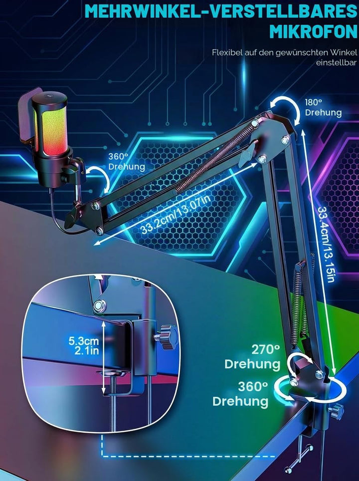 Gaming Mikrofon mit Arm Plug & Play USB Kondensator Mikrofon mit RGB Licht, Mute-Taste, Pop-Filter &