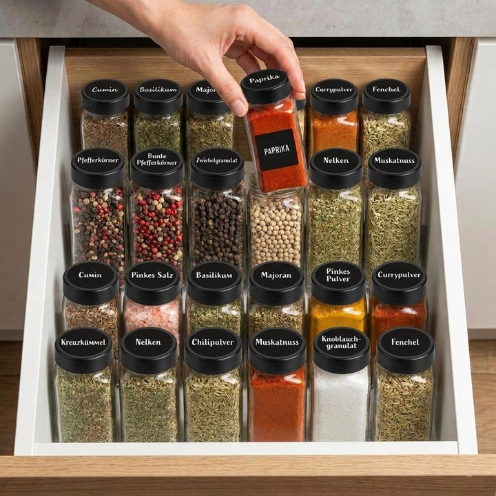 ZEBEN® Gewürzgläser 120ml Set 25 Stück mit Etiketten, Leere Gewürzdosen mit Deckel, Trichter & Reini