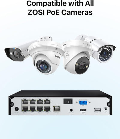 ZOSI 8CH 4K PoE NVR mit 2TB Festplatte, 8MP Videoüberwachung Recorder für 24/7 Aufnahme, Funktionier