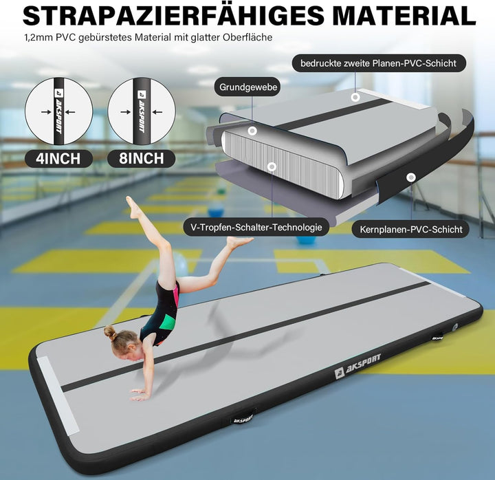 AKSPORT Air Matte Track Tumbling Matte,3/4/5/6m Aufblasbar Gymnastikmatte Turnmatte Tumbling Matten