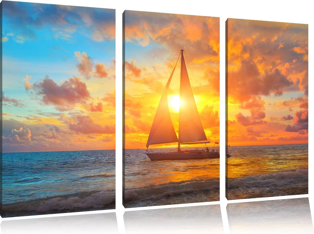Pixxprint Segelboot nahgelegen der Küste als Leinwandbild/Grösse: 3 Teilig (120x80) / Wandbild/Kunst