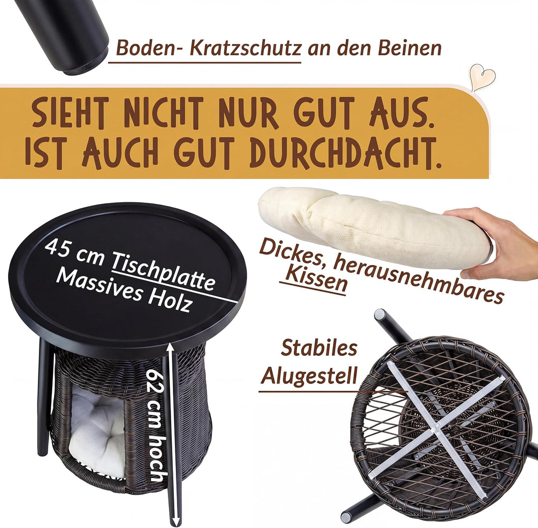 Petigi Katzentisch Beistelltisch Rattan Katzenhöhle Katzenbett Couchtisch | aus Holz und Rattan, Sch