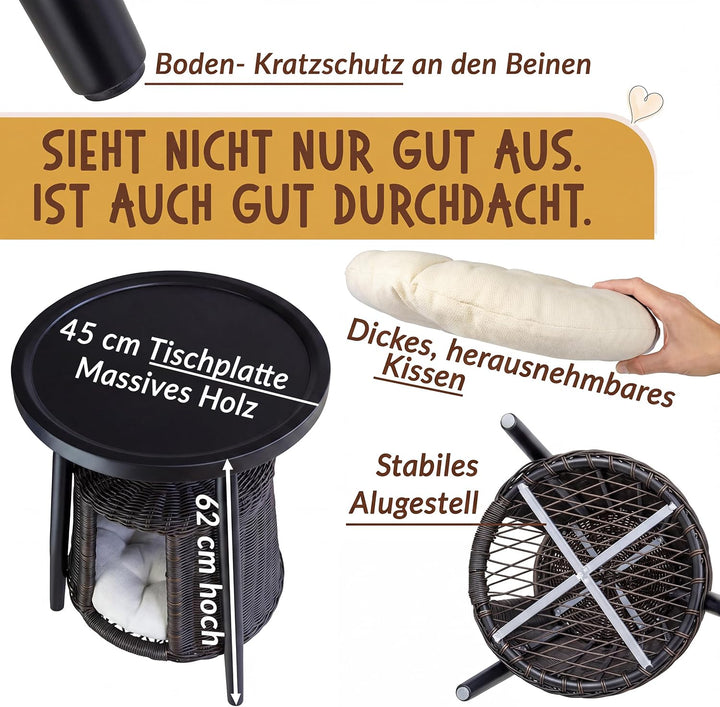 Petigi Katzentisch Beistelltisch Rattan Katzenhöhle Katzenbett Couchtisch | aus Holz und Rattan, Sch