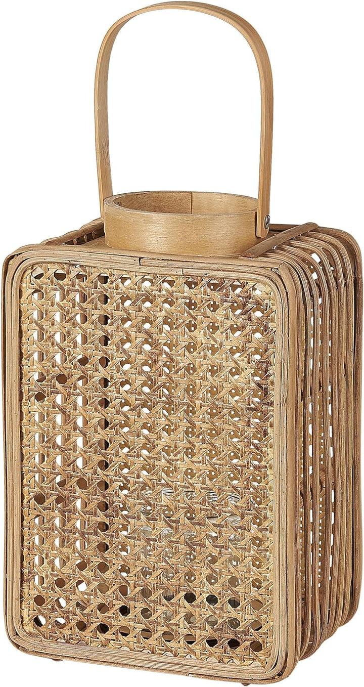 Laterne Rattan natürlich rechteckig 28 cm mit Griff Glaseinsatz Deko Boho Bantul
