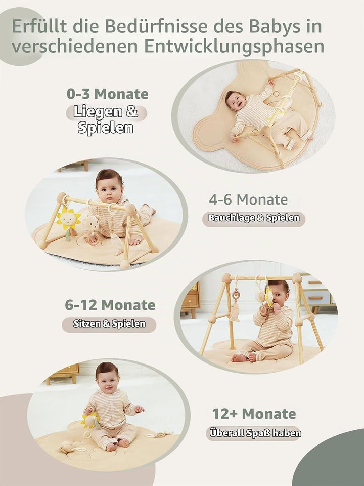 4 IN 1 Bär Spielbogen Baby, Spielmatte Babies mit Natur Holz Activity Spielbogen, 3 abnehmbaren Spie